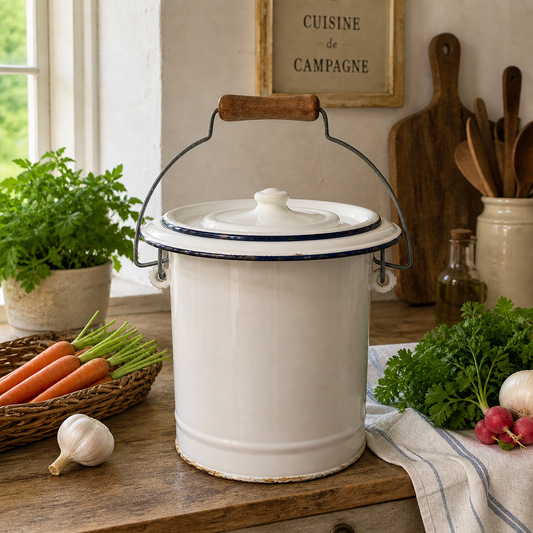 Vintage French White Enamel Potty Bucket Planter Rustic Bathroom Storage