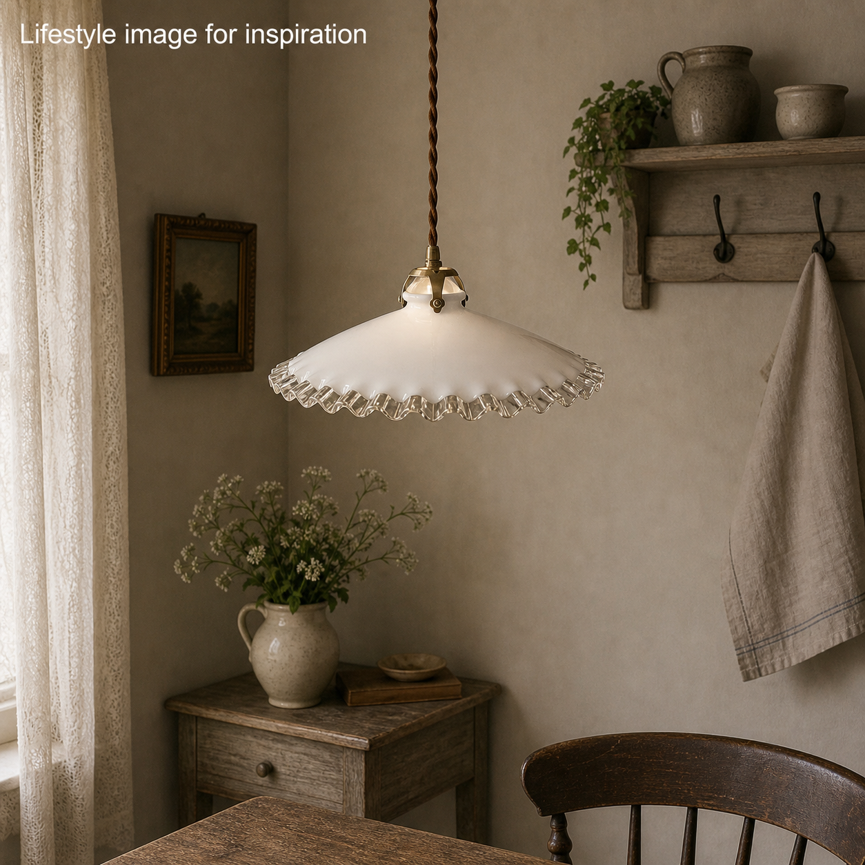 French vintage milk glass opaline lampshade with a clear trimmed frilly edge and a brass bulb holder ideal for a French country style set rustic farmhouse setting