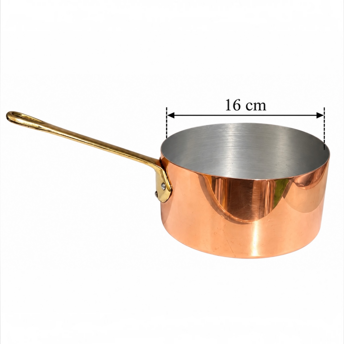 A copper saucepan with an aluminium interior and a brass handle, shown on a white background with a dimension overlay indicating 16 cm width.