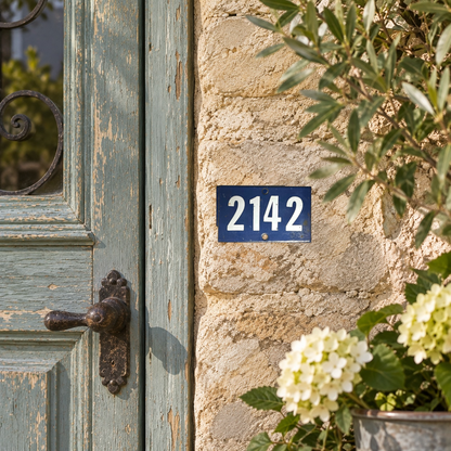 Blue and white door number 2142 on a stone wall