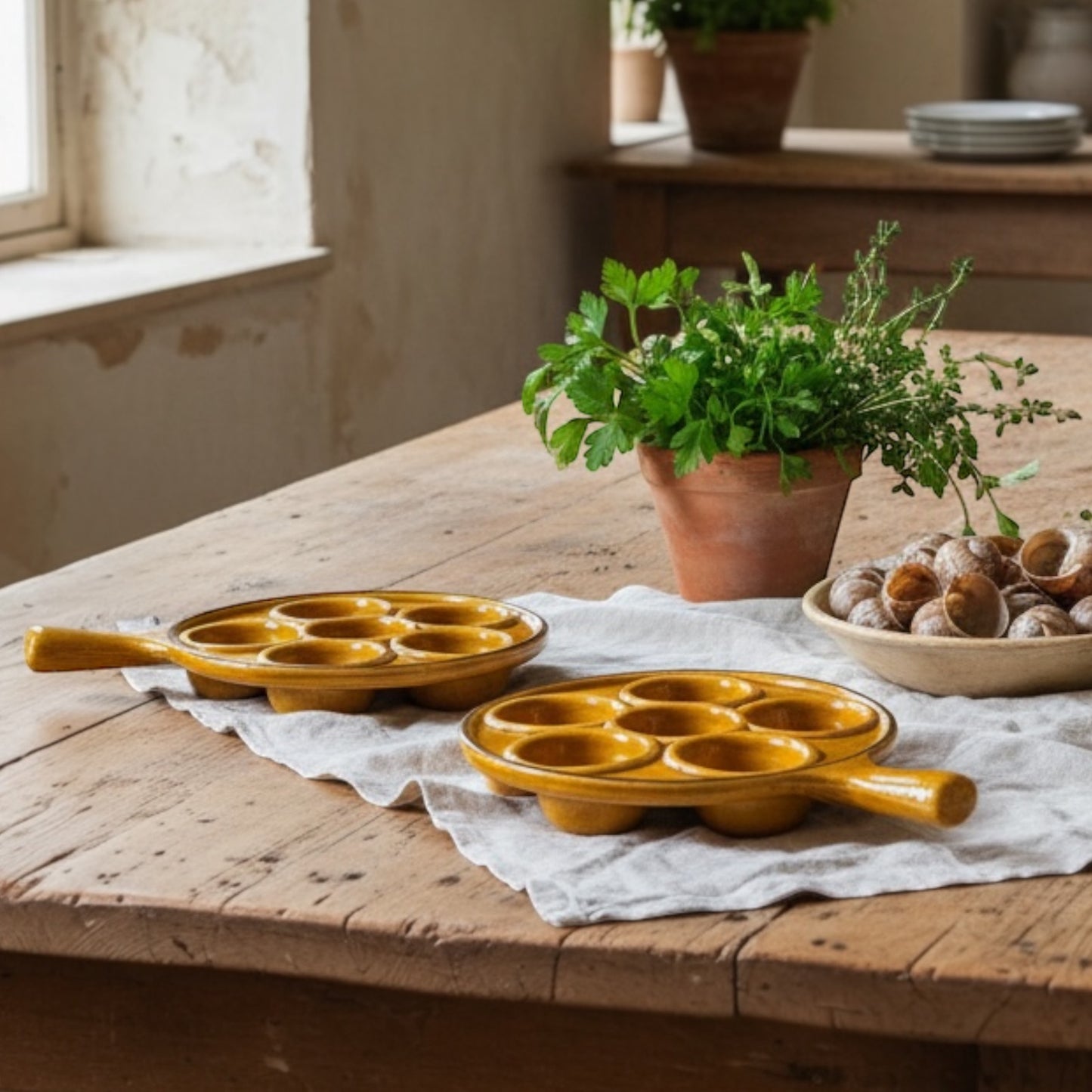 Two amber snail plates on a wooden table with a plant and bowl of nuts in the background.