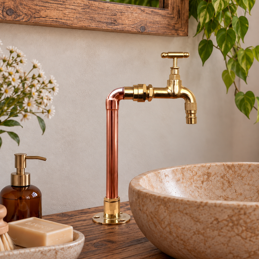A brass and copper bathroom faucet with a cross handle, mounted on a wooden vanity next to a stone vessel sink, with soap and flowers in a styled bathroom setting.