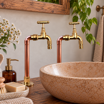 Pair of copper pipe and brass taps in a wooden counter over a stone sink 