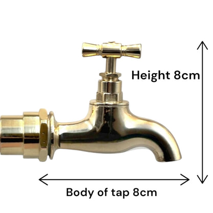 Gold faucet with measurements on a white background