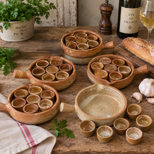 A rustic set of terracotta clay small pots and cups arranged on a wooden table, styled with garlic, a bottle of wine, a glass of white wine, bread, herbs, and a striped cloth.