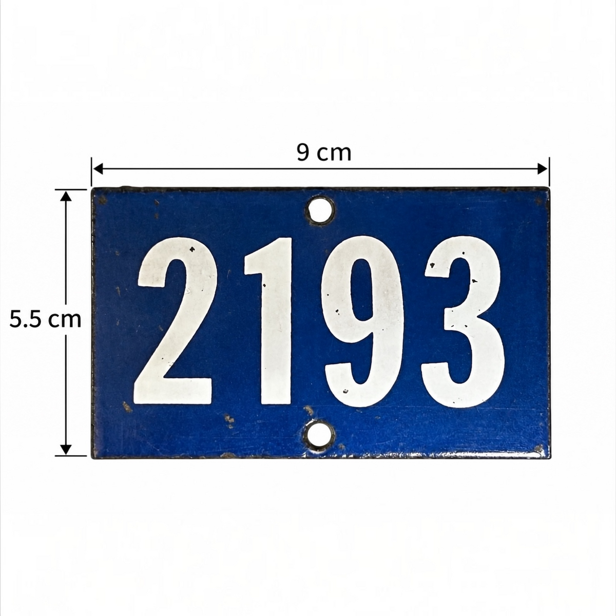 Number 2193 blue and white with dimensions on a white background 