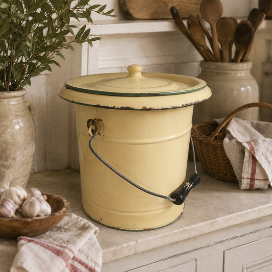 A charming French vintage enamel lidded potty bucket with a wooden handle, featuring a cream finish accented by a green trim. Perfect for use in a farmhouse kitchen as a vegetable or bread bin, or repurposed as a unique garden planter, displayed on a counter in a vintage kitchen