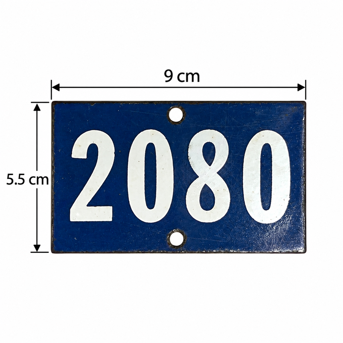 A rectangular blue house number plaque with white numerals '2080' and dimension arrows showing 9 cm width and 5.5 cm height on a white background.