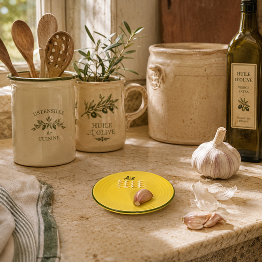 Small French Ceramic Garlic Grater Plate with Pepper Decoration