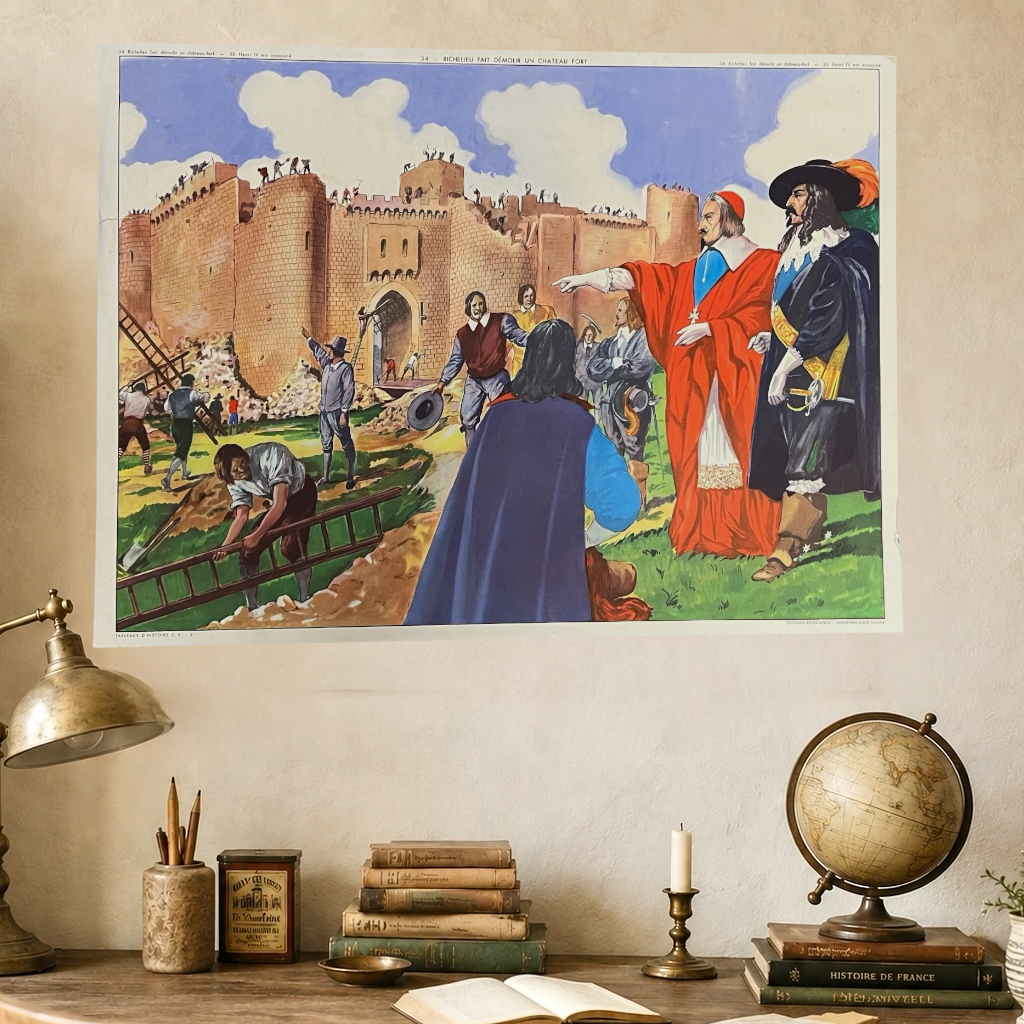 A vintage-style room complete with a desk, lamp, books, and a world globe, accented by a French historical scene on the wall, perfect for adding charm to a retro office or a nostalgic home.