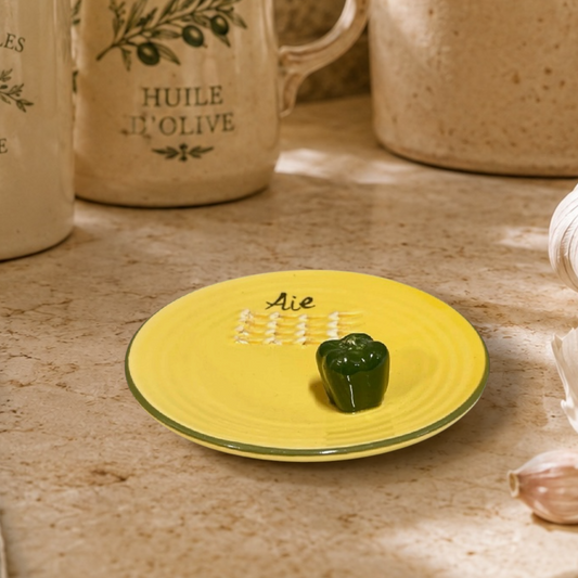 Small French Ceramic Garlic Grater Plate with Pepper Decoration