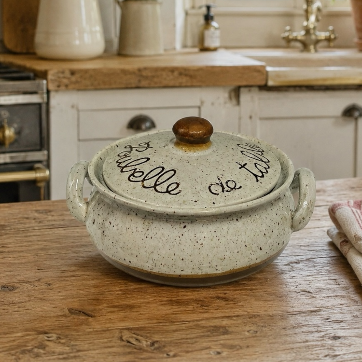 French vintage ceramic beige and brown speckled table bin with “Poubelle de Table” inscribed on the front, featuring a lid, perfect for a country cottage or for outdoor dining at a BBQ, displayed on a country kitchen table with a rustic ambience