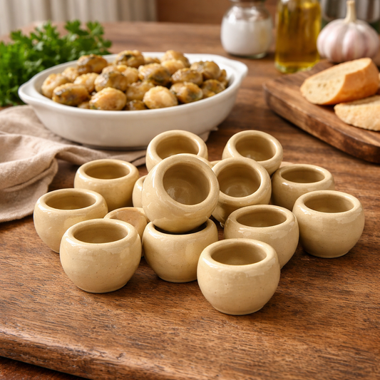 Set of small ceramic escargots snail pots on a wooden table with a bowl of food in the background.