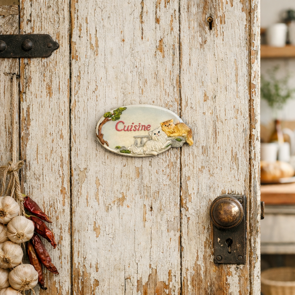 French shabby chic Cuisine kitchen door sign with a cat decoration on a wooden door with a kitchen in the  background 