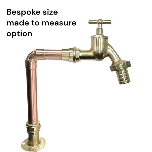 Brass and copper faucet with 'Bespoke size made to measure option' text on a white background