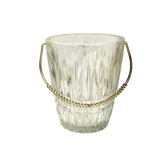 French small glass ice bucket with a twisted gold coloured handle 
