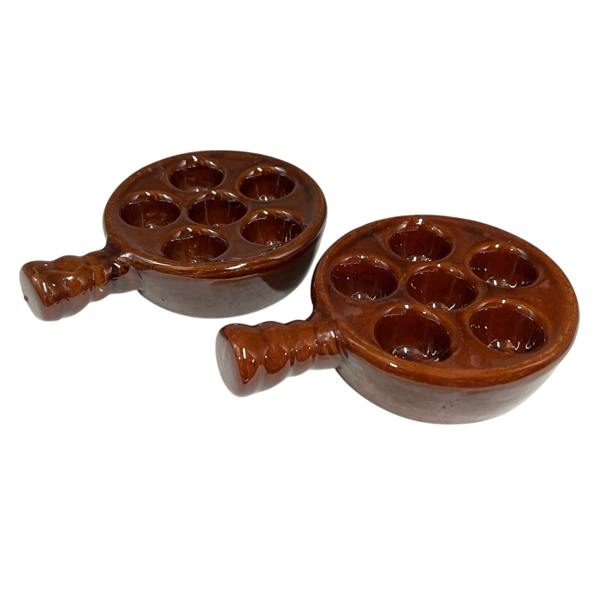 Pair of French chocolate brown snail serving plates each with 6 indents, ideal for a French restaurant or country farmhouse kitchen table 