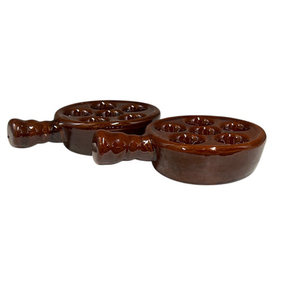 Pair of French chocolate brown snail serving plates each with 6 indents, ideal for a French restaurant or country farmhouse kitchen table Setting