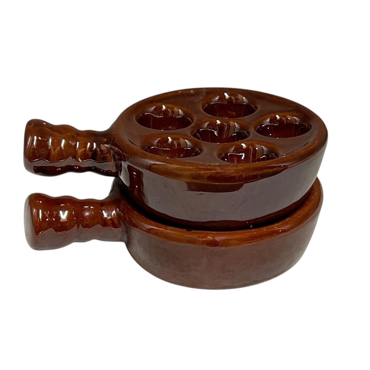 Pair of French chocolate brown snail serving plates each with 6 indents, shown stacked  ideal for a French restaurant or country farmhouse kitchen table 