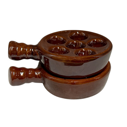 Pair of French chocolate brown snail serving plates each with 6 indents, shown stacked  ideal for a French restaurant or country farmhouse kitchen table 