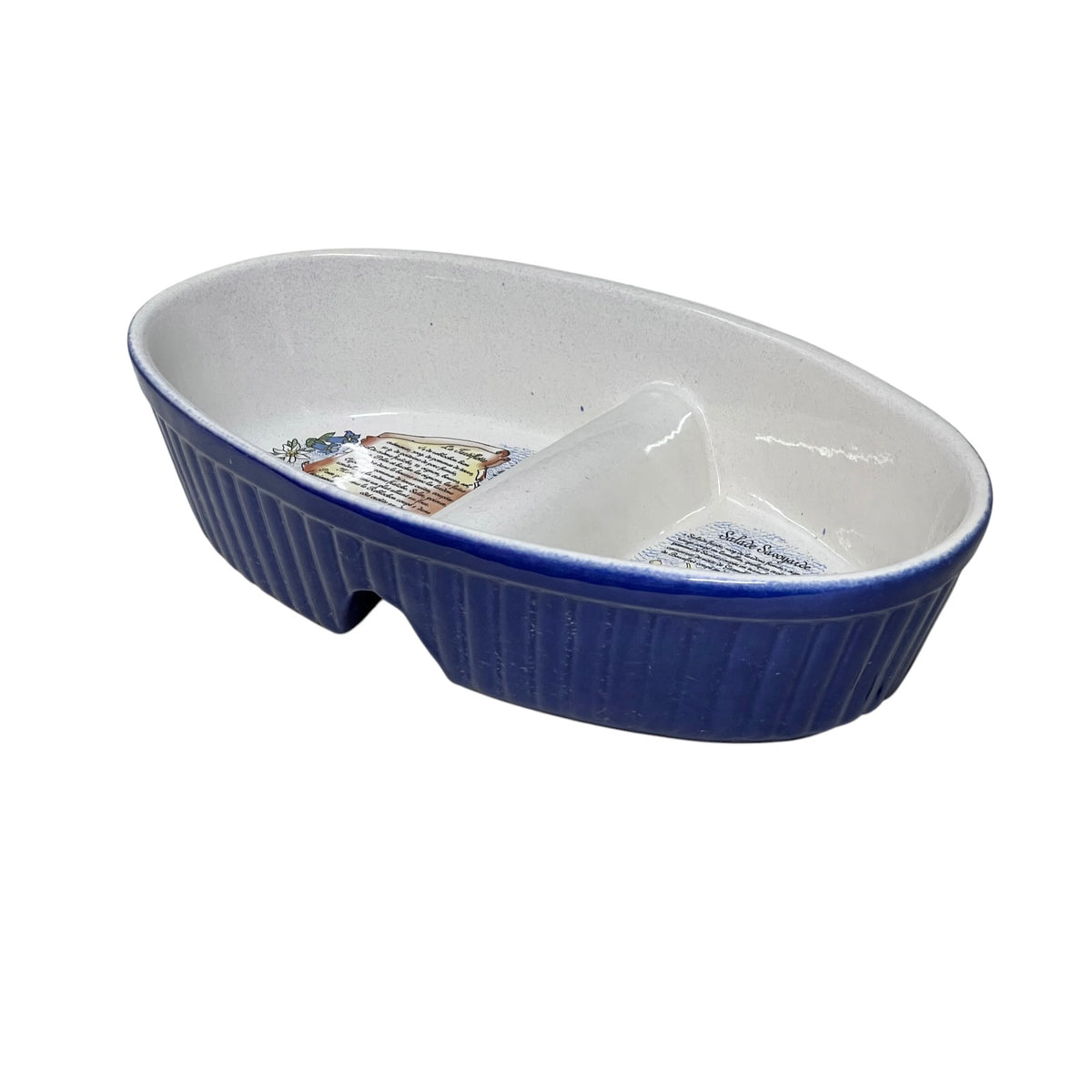 A ceramic divided serving dish with a ribbed blue exterior and a white glazed interior, shown on a plain white background.