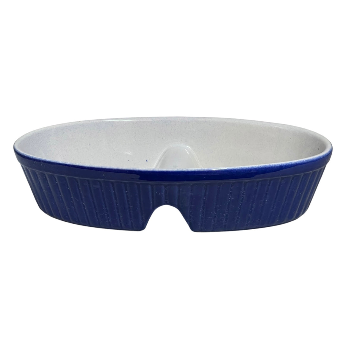A blue and white ceramic oval dish with a ribbed exterior and a white interior, shown against a plain white background.