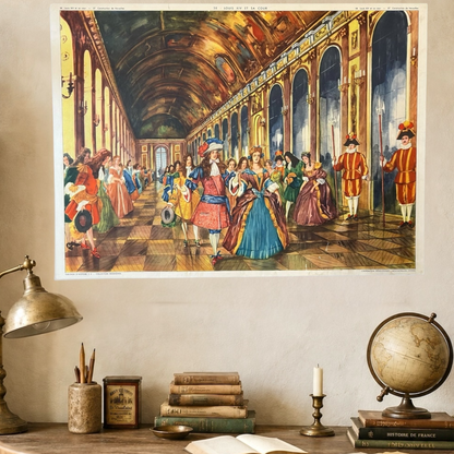 A large framed art print depicting a historical court scene in a grand hall, displayed on a beige wall above a styled desk with a lamp, books, and a globe.
