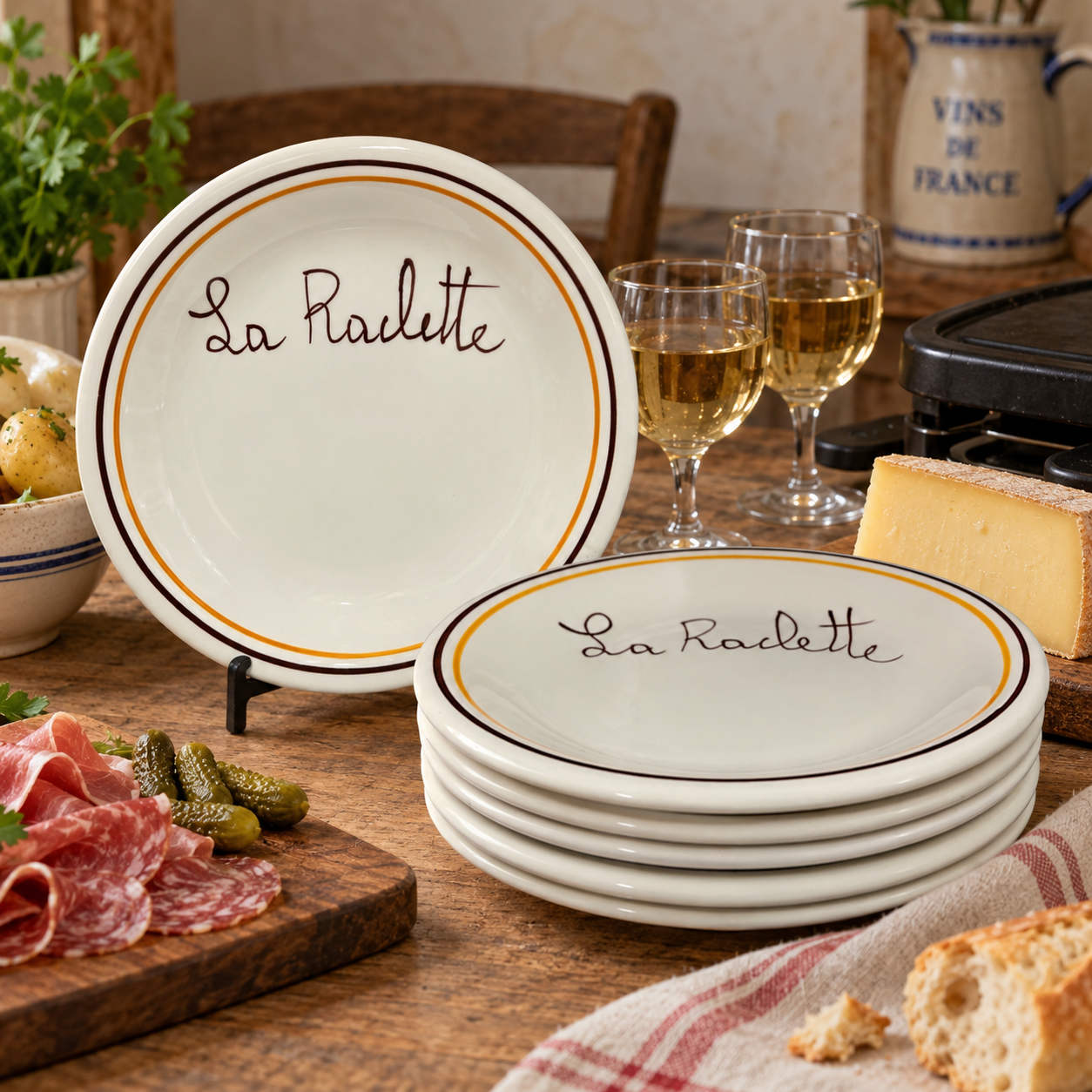 A set of white ceramic plates with 'La Raclette' written in cursive, decorated with thin black and gold lines, styled on a rustic wooden table with food and wine glasses.