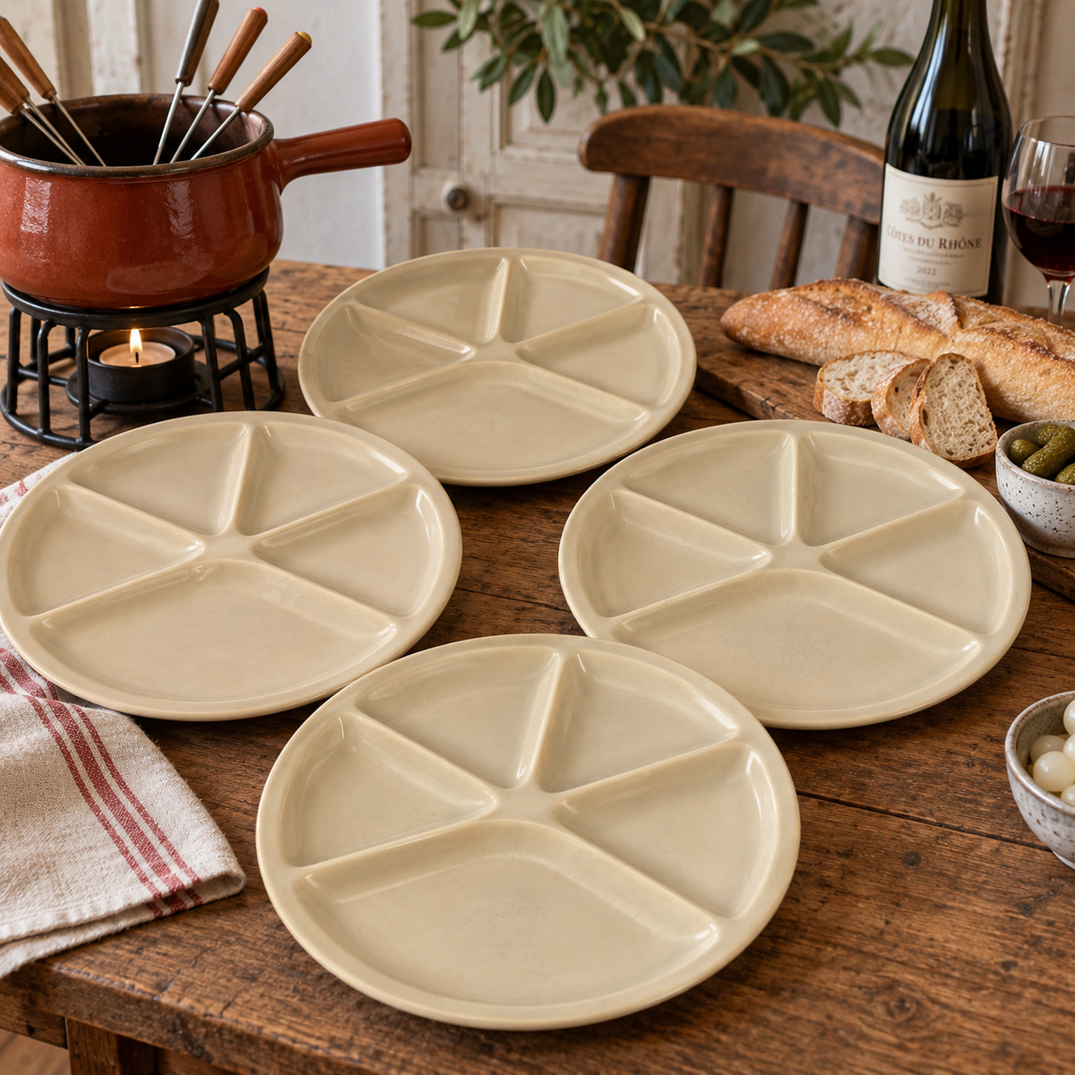 Four round ceramic divided serving plates in a warm cream-beige color, arranged on a rustic wooden dining table with bread, a wine bottle, a fondue pot, and small bowls in a styled indoor setting.