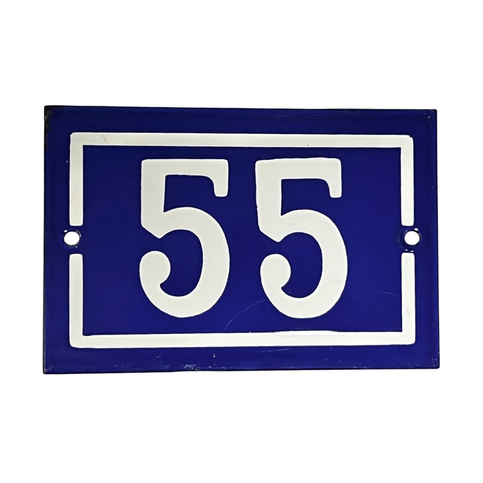 Vintage French door number 55, blue background with white numbers on a white background 