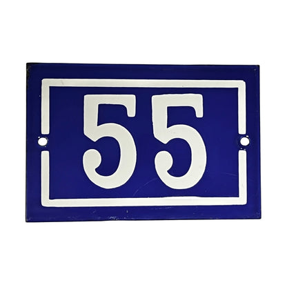 Vintage French door number 55, blue background with white numbers on a white background 