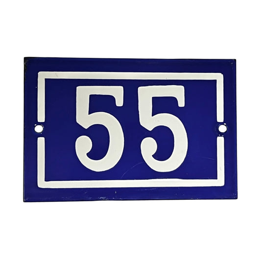 Vintage French door number 55, blue background with white numbers on a white background 
