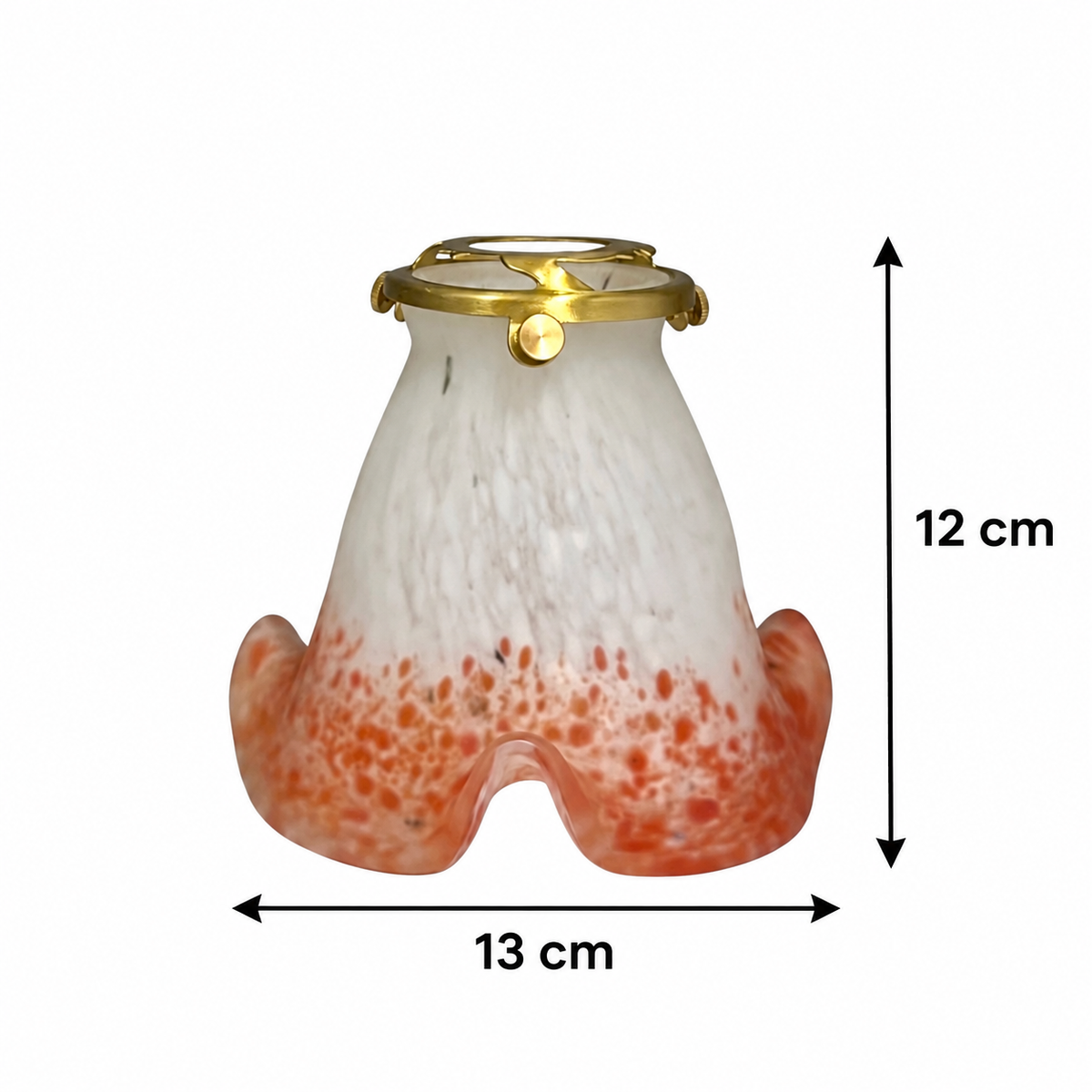 Glass lampshade shown on a white background with measurements 