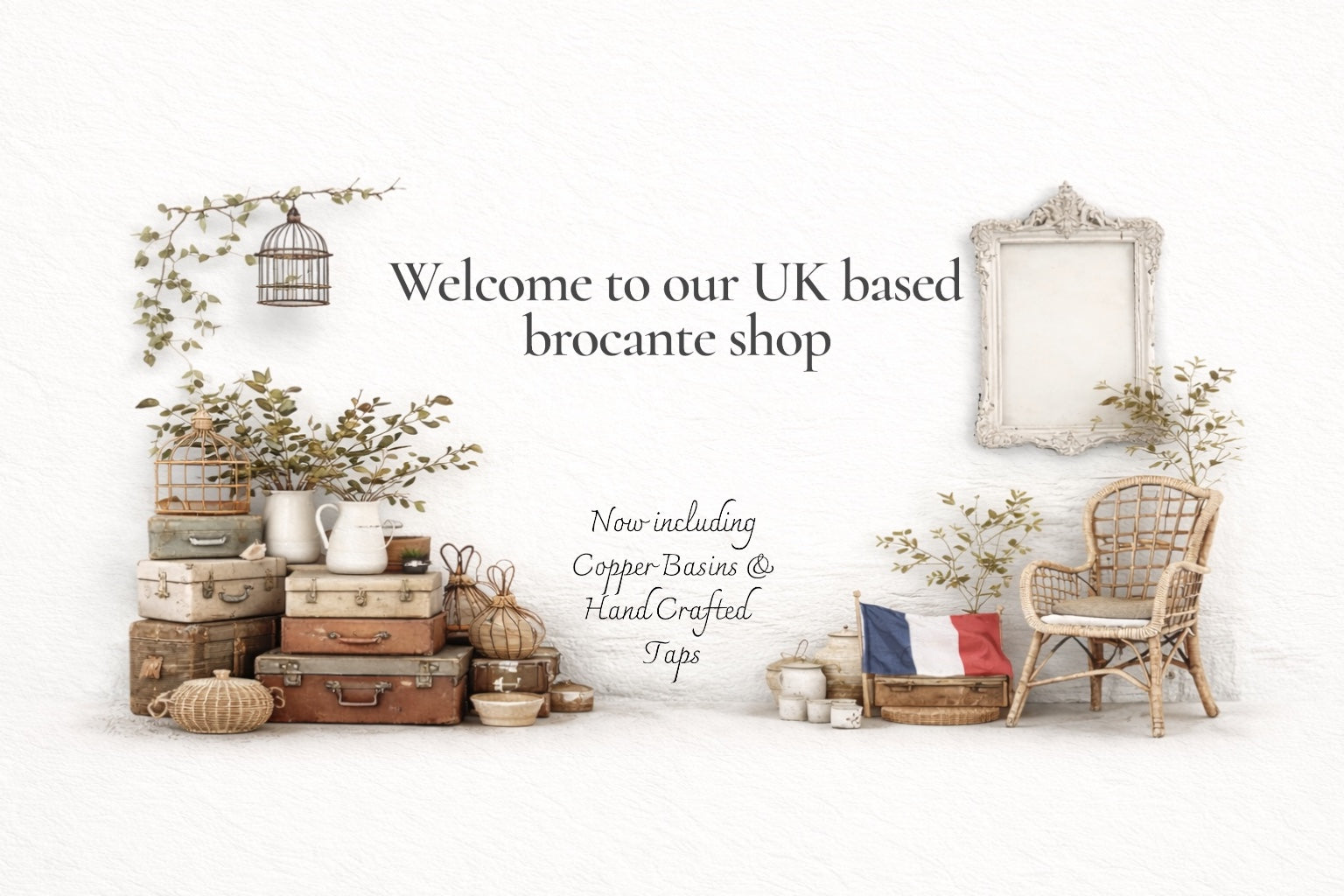 Front image of All Things French Store showing a vintage shop with text for the store name