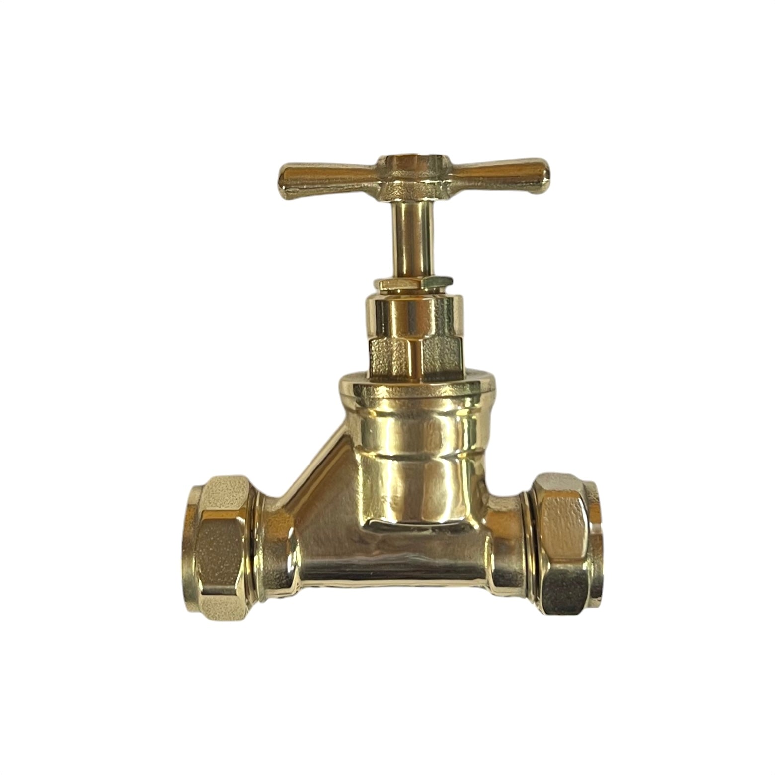 Polished brass sop cock on a white background 
