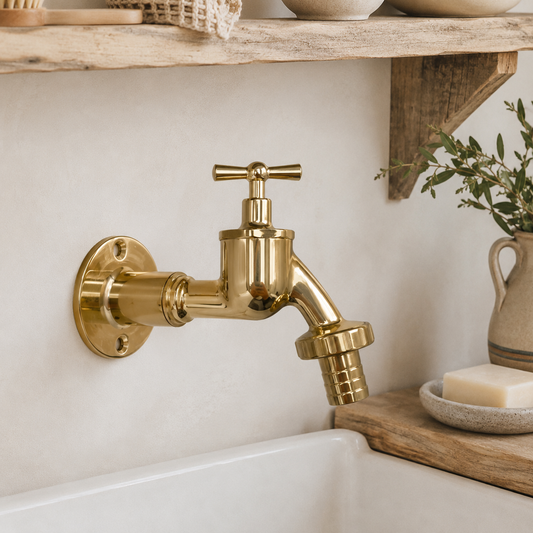 A polished brass wall-mounted faucet with a cross handle and hose connection, installed on a white sink against a textured beige wall with rustic wooden shelves and a small plant in the background.