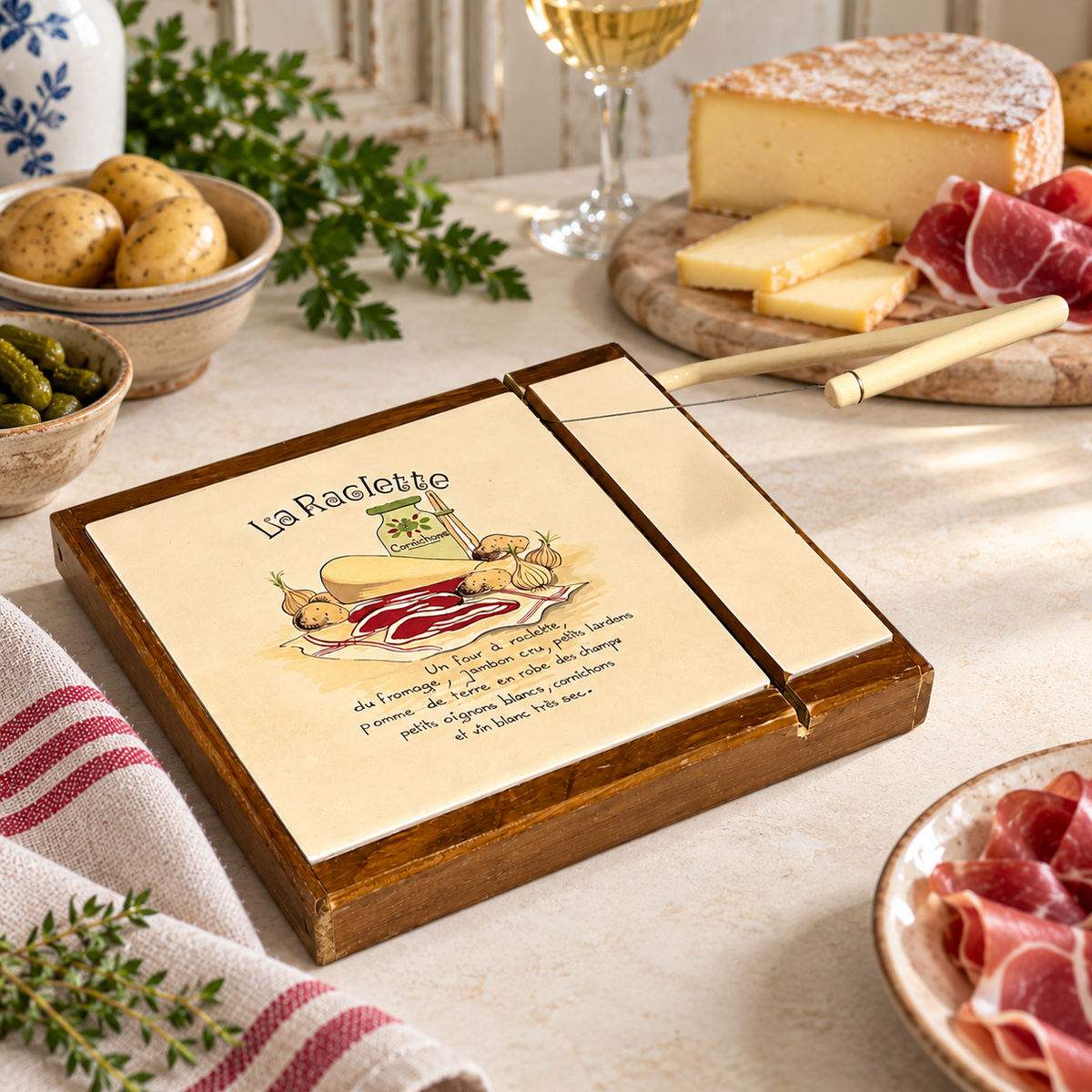 Vintage French La Raclette cheese board with cream ceramic tiled top, wooden base and integral cheese wire, styled on a light farmhouse kitchen surface. The tile shows a traditional raclette illustration and French text. Surrounded by cheese, charcuterie, potatoes, cornichons, herbs, bread and white wine, with the board kept clearly visible as the main focus.