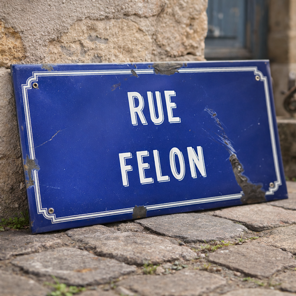 Blue street sign with 'RUE FELON' text on a stone pavement.
