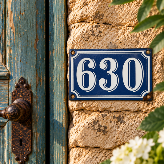 A rectangular blue house number plaque with white numerals '630' mounted on a beige stone wall beside a weathered teal wooden door with a rusted metal knob.