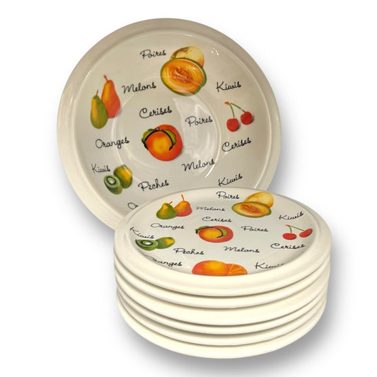 Set of 6 fruit or dessert plates with a larger serving bowl, decorated with fruits and French fruit names