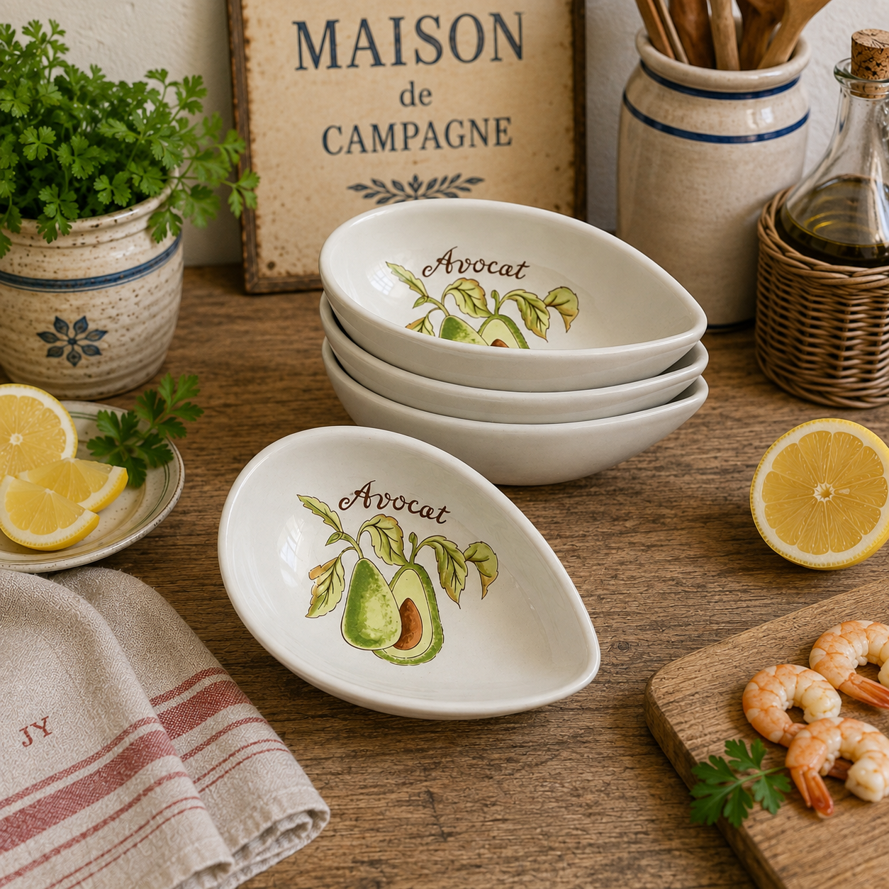 4 white ceramic avocado-shaped serving platters with painted avocado illustrations and the word 'Avocat' are arranged on a rustic wooden table with lemon slices, shrimp, herbs, and kitchen props.