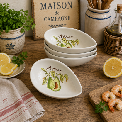 4 white ceramic avocado-shaped serving platters with painted avocado illustrations and the word 'Avocat' are arranged on a rustic wooden table with lemon slices, shrimp, herbs, and kitchen props.