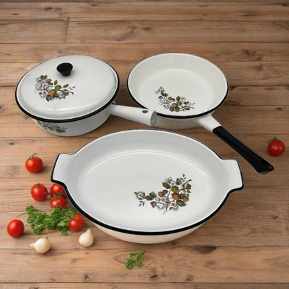 3 piece vintage enamel pan set sold by All Things French Store