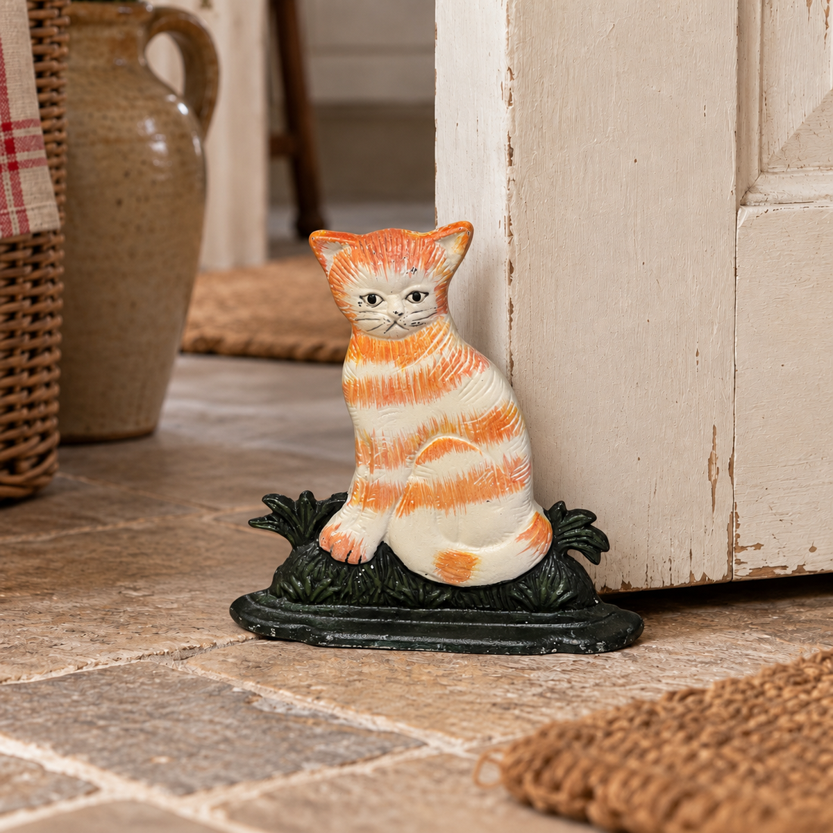 An orange and white striped cat doorstop sitting on a dark green base, placed on a stone floor next to a distressed white door.