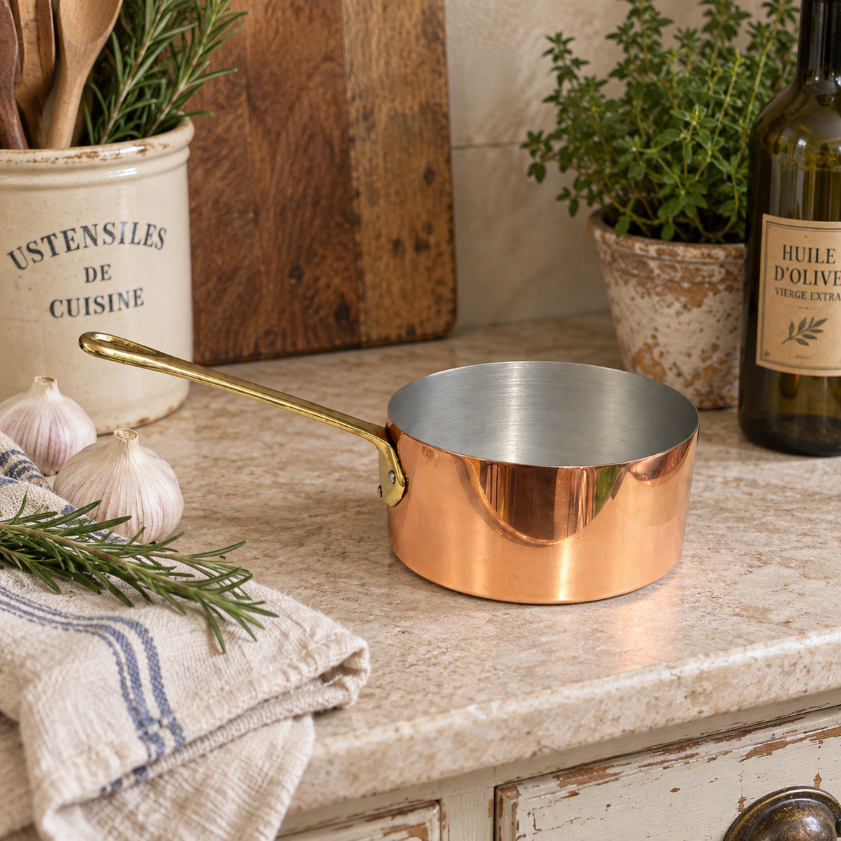 A small copper saucepan with a polished brass handle sits on a rustic kitchen countertop, surrounded by herbs, garlic, a linen towel, and kitchen props.