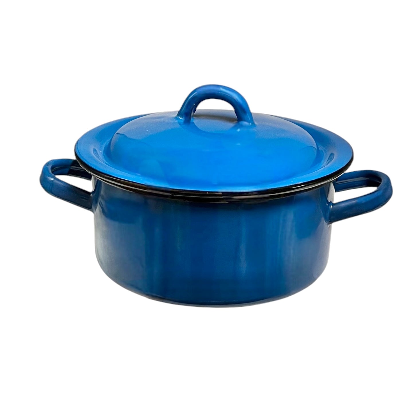 A blue enamel stockpot with a matching lid and side handles, shown on a plain white background.