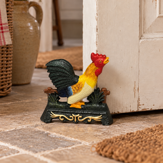 A decorative rooster figurine standing on a black base with gold scrollwork, placed on a stone floor beside a white door in a rustic indoor setting.