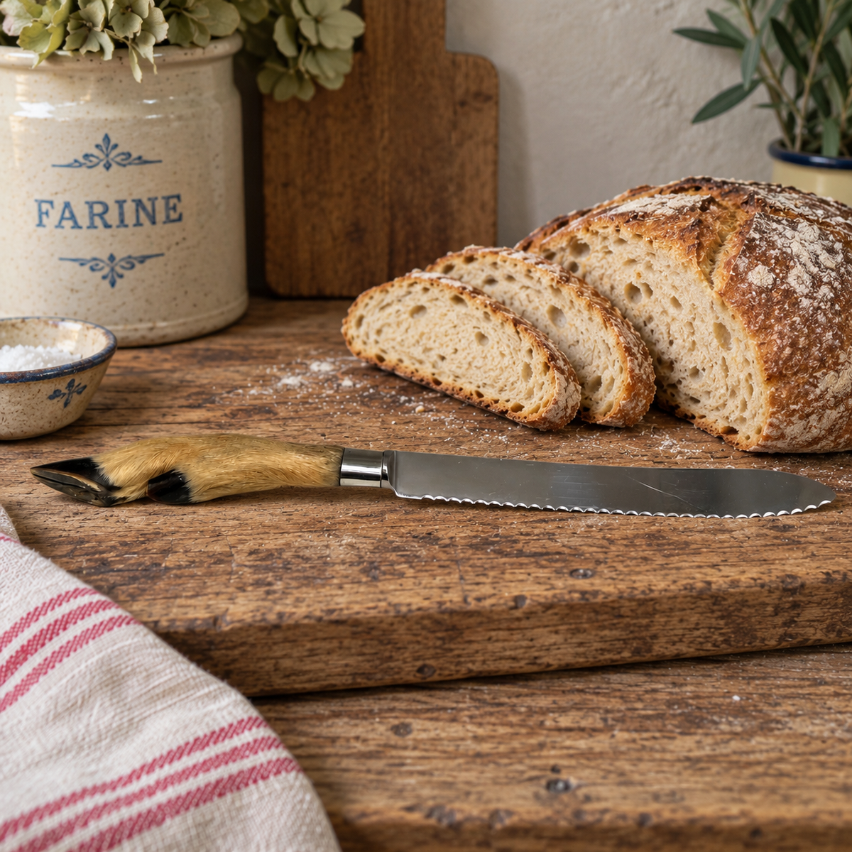A rustic serrated bread knife with a natural taxidermy deer hoof handle and silver blade rests on a wooden cutting board beside sliced artisan bread, with a flour jar and kitchen setting in the background.