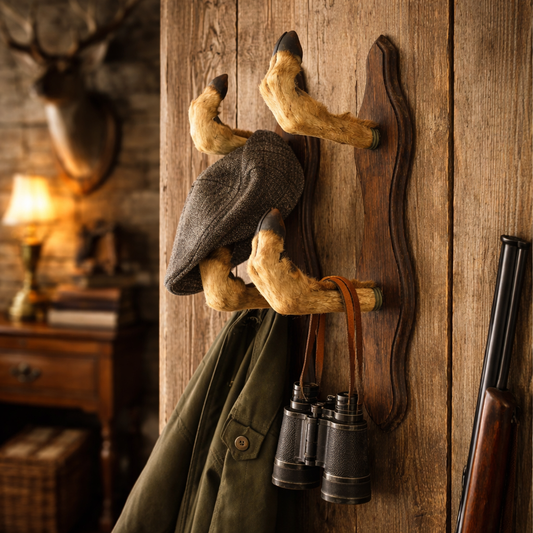 Wooden wall hook with deer antlers holding a cap, jacket, and binoculars in a rustic room.