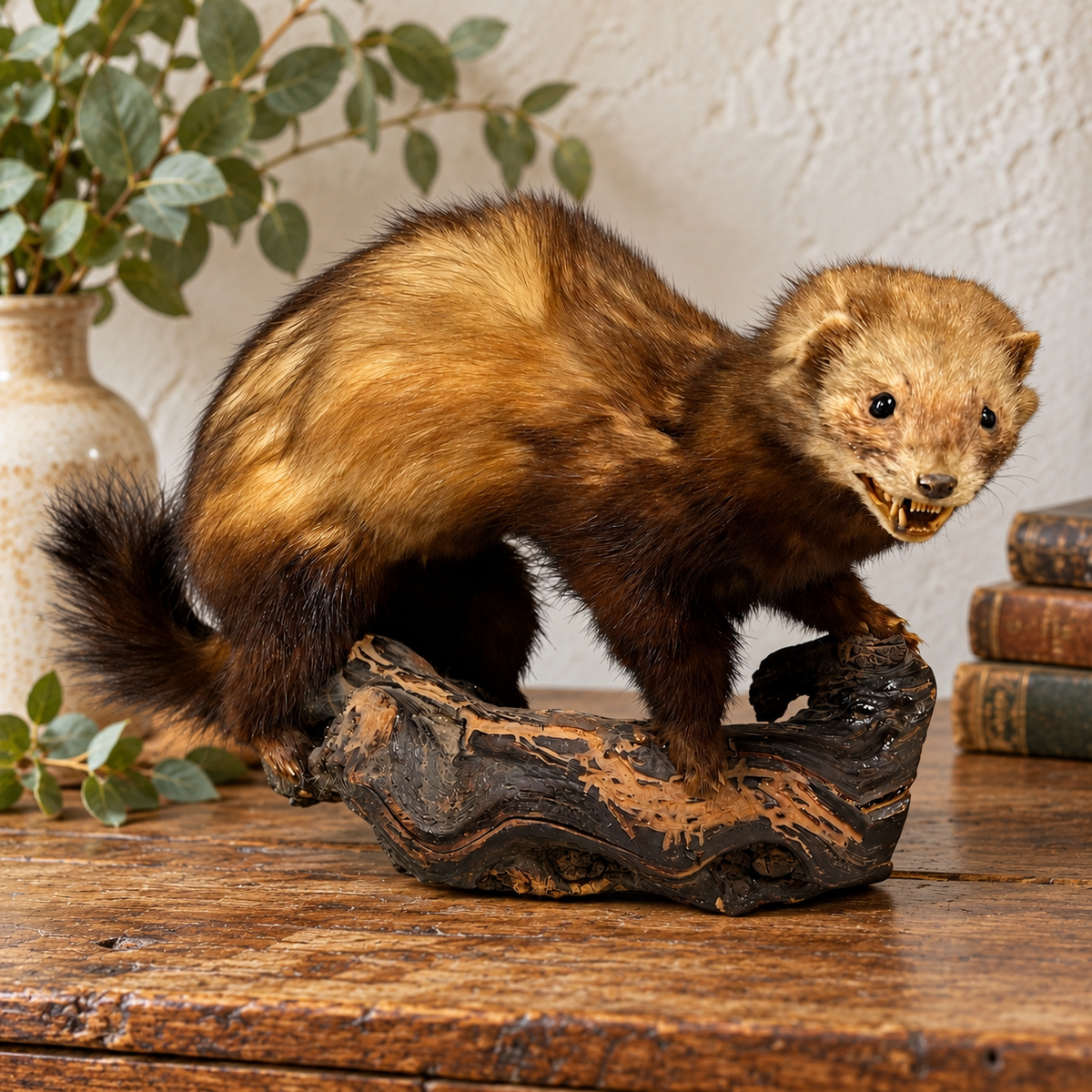 Vintage French taxidermy polecat on a wooden branch 